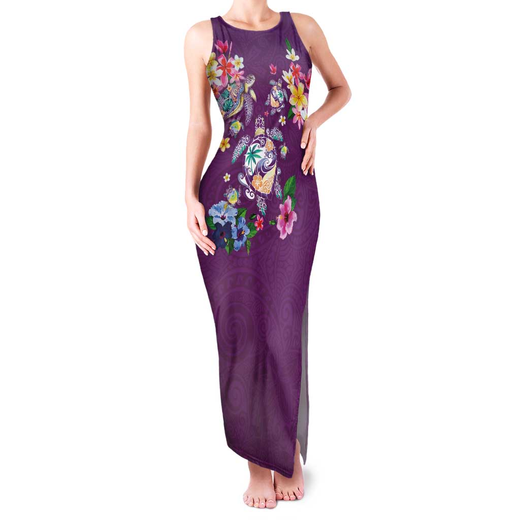 Hawaiian Turtles and Tropical Plants Family Matching Tank Maxi Dress and Hawaiian Shirt Purple Watercolor