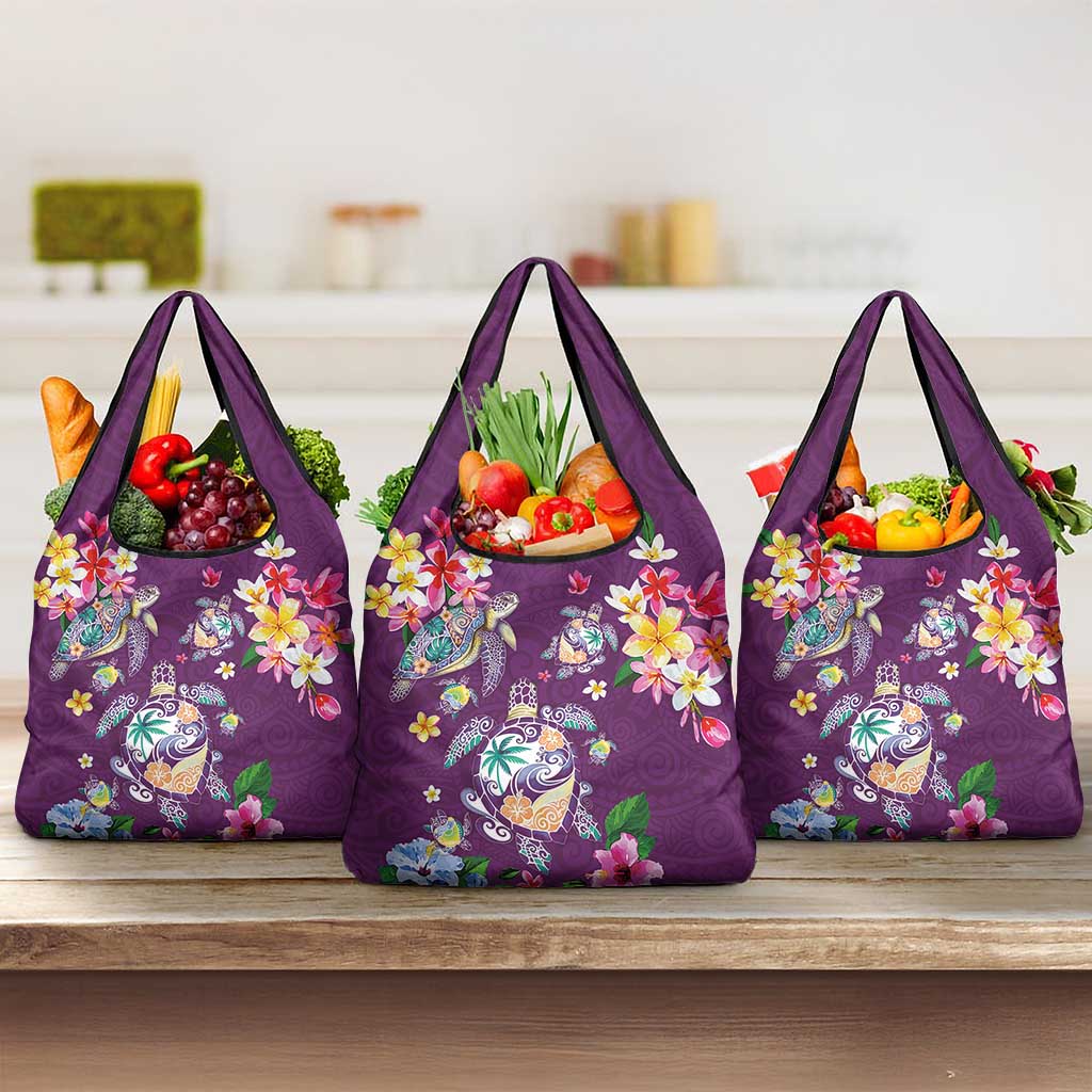 Hawaiian Turtles and Tropical Plants Grocery Bag Purple Watercolor LT03 3-pack One Size Purple - Polynesian Pride