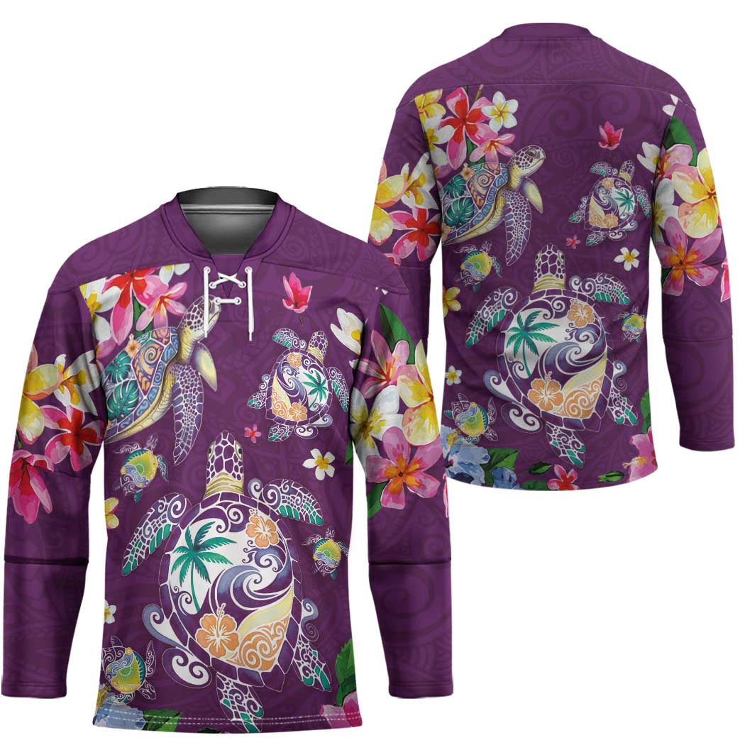 Hawaiian Turtles and Tropical Plants Hockey Jersey Purple Watercolor