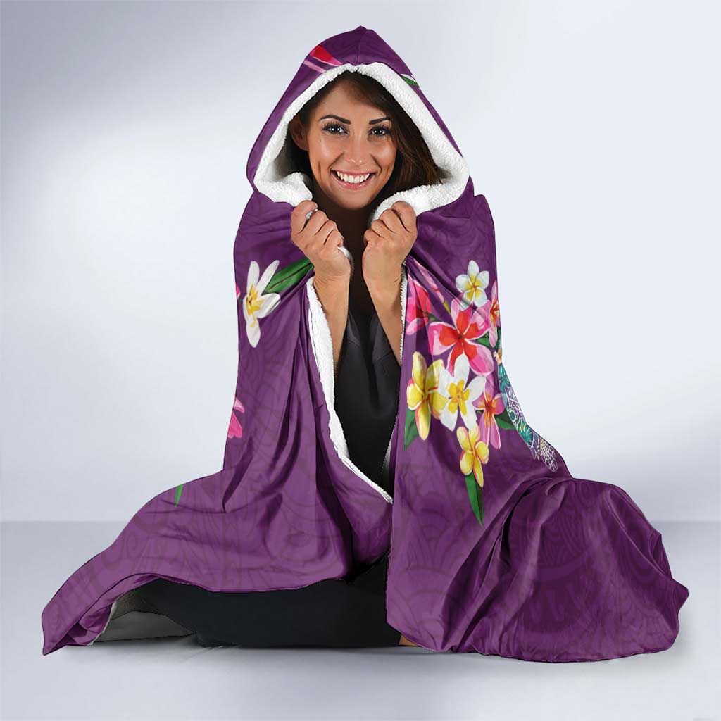 Hawaiian Turtles and Tropical Plants Hooded Blanket Purple Watercolor