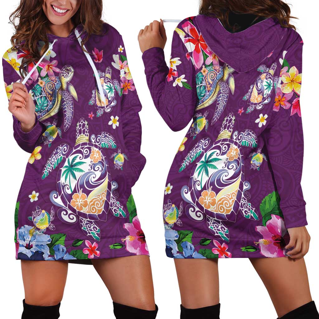 Hawaiian Turtles and Tropical Plants Hoodie Dress Purple Watercolor