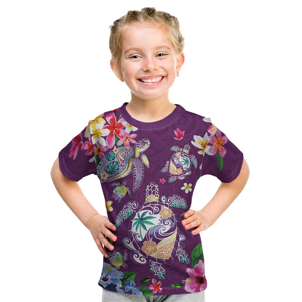 Hawaiian Turtles and Tropical Plants Kid T Shirt Purple Watercolor