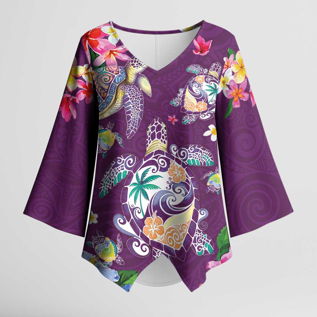 Hawaiian Turtles and Tropical Plants Kimono Sleeve Blouse Purple Watercolor