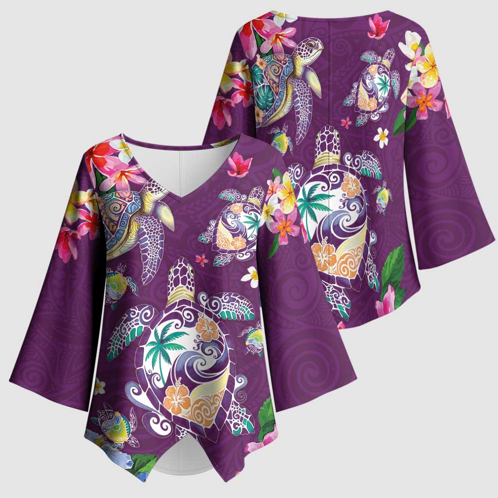 Hawaiian Turtles and Tropical Plants Kimono Sleeve Blouse Purple Watercolor