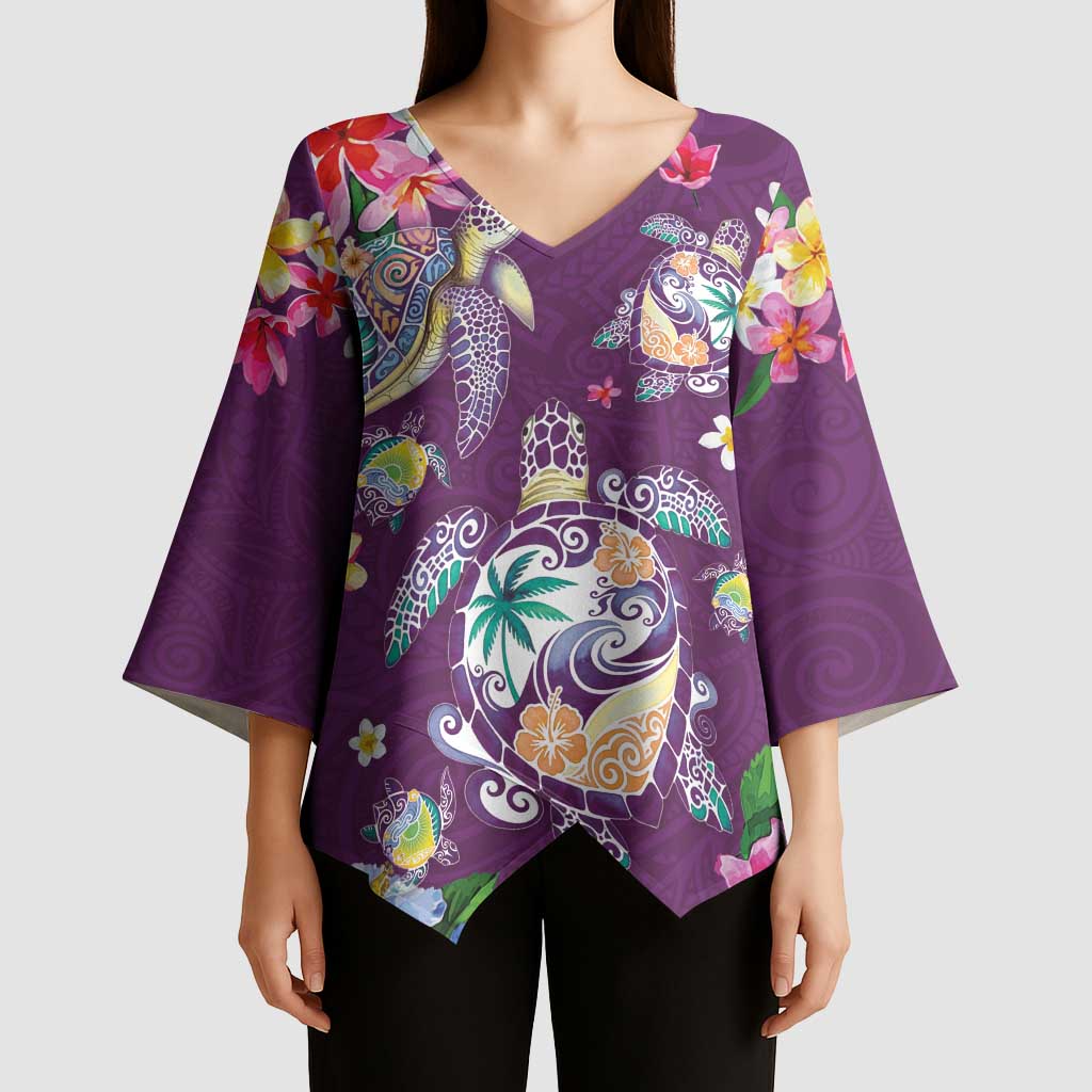 Hawaiian Turtles and Tropical Plants Kimono Sleeve Blouse Purple Watercolor