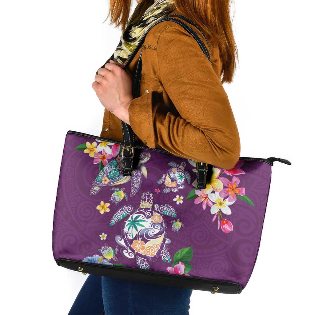 Hawaiian Turtles and Tropical Plants Leather Tote Bag Purple Watercolor