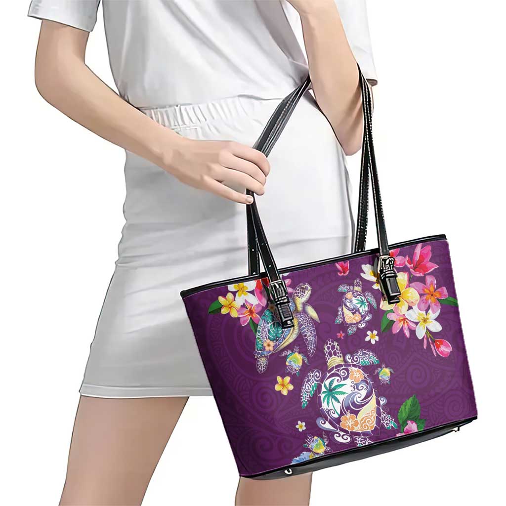 Hawaiian Turtles and Tropical Plants Leather Tote Bag Purple Watercolor