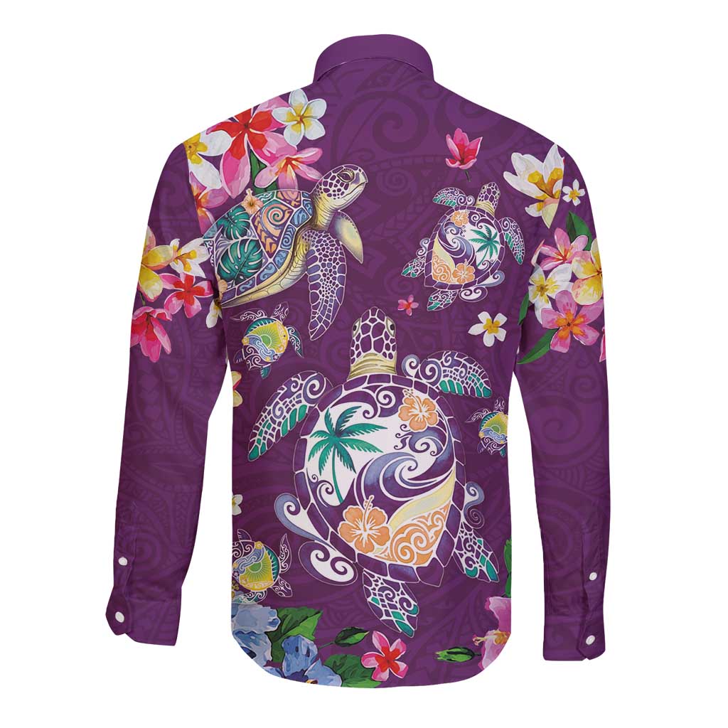 Hawaiian Turtles and Tropical Plants Long Sleeve Button Shirt Purple Watercolor