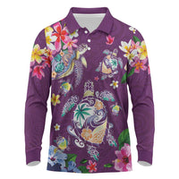 Hawaiian Turtles and Tropical Plants Long Sleeve Polo Shirt Purple Watercolor