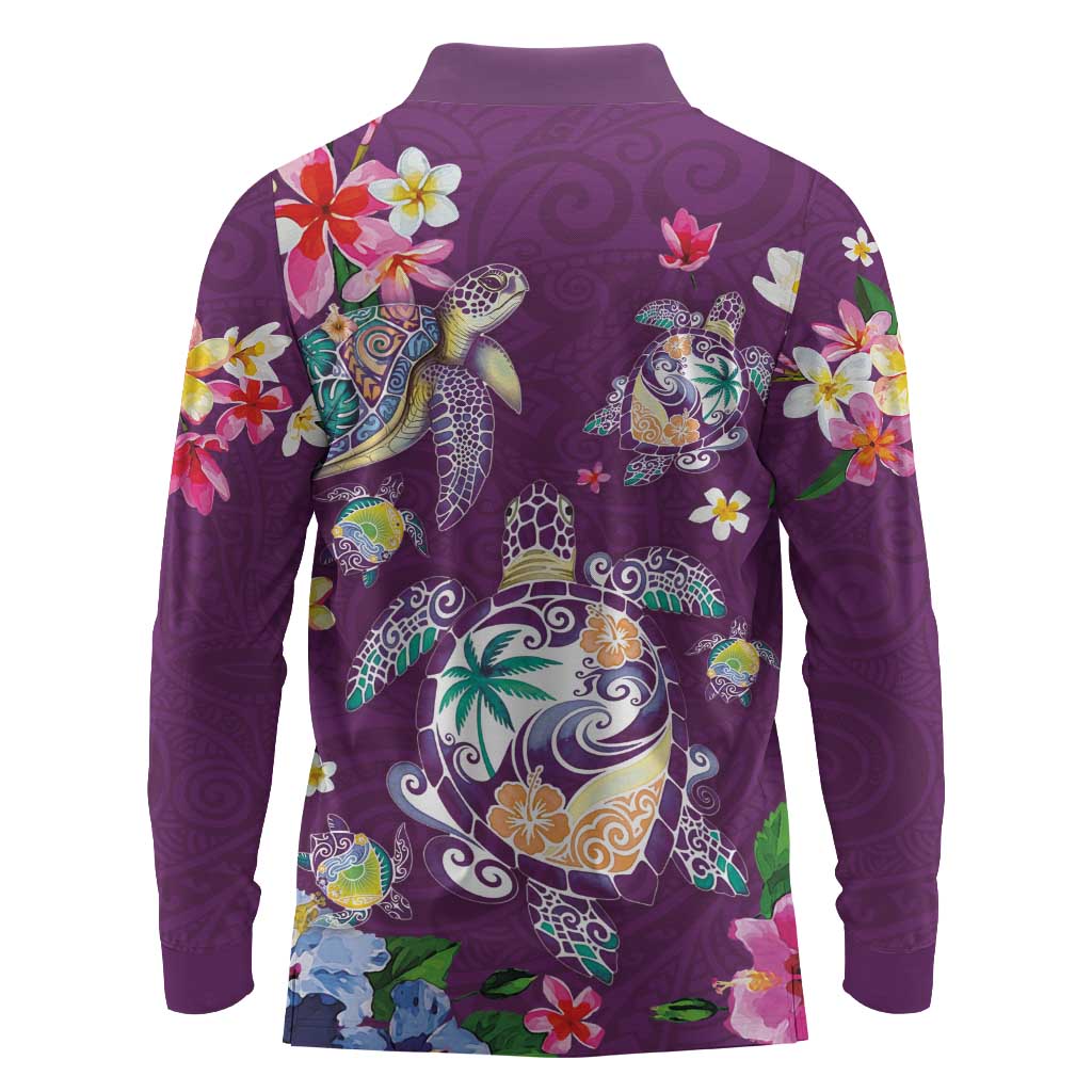 Hawaiian Turtles and Tropical Plants Long Sleeve Polo Shirt Purple Watercolor