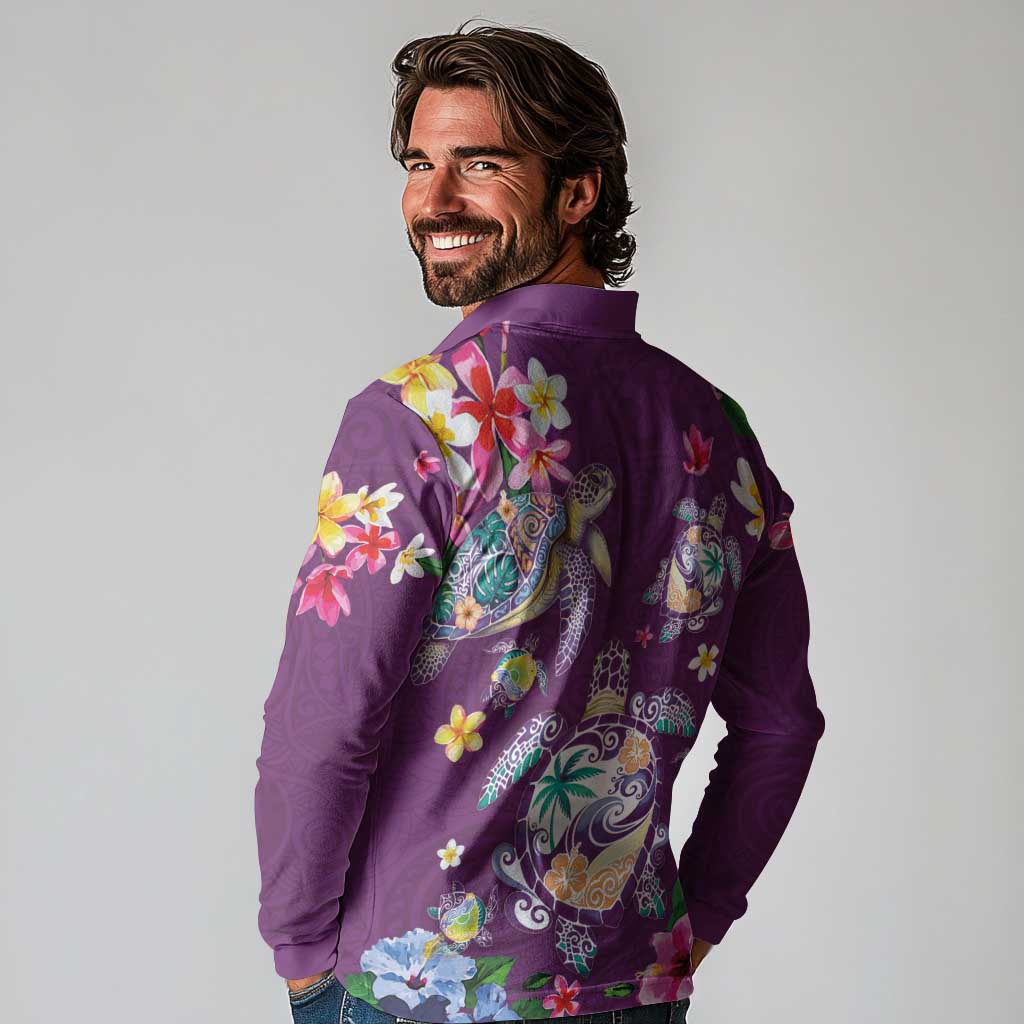 Hawaiian Turtles and Tropical Plants Long Sleeve Polo Shirt Purple Watercolor