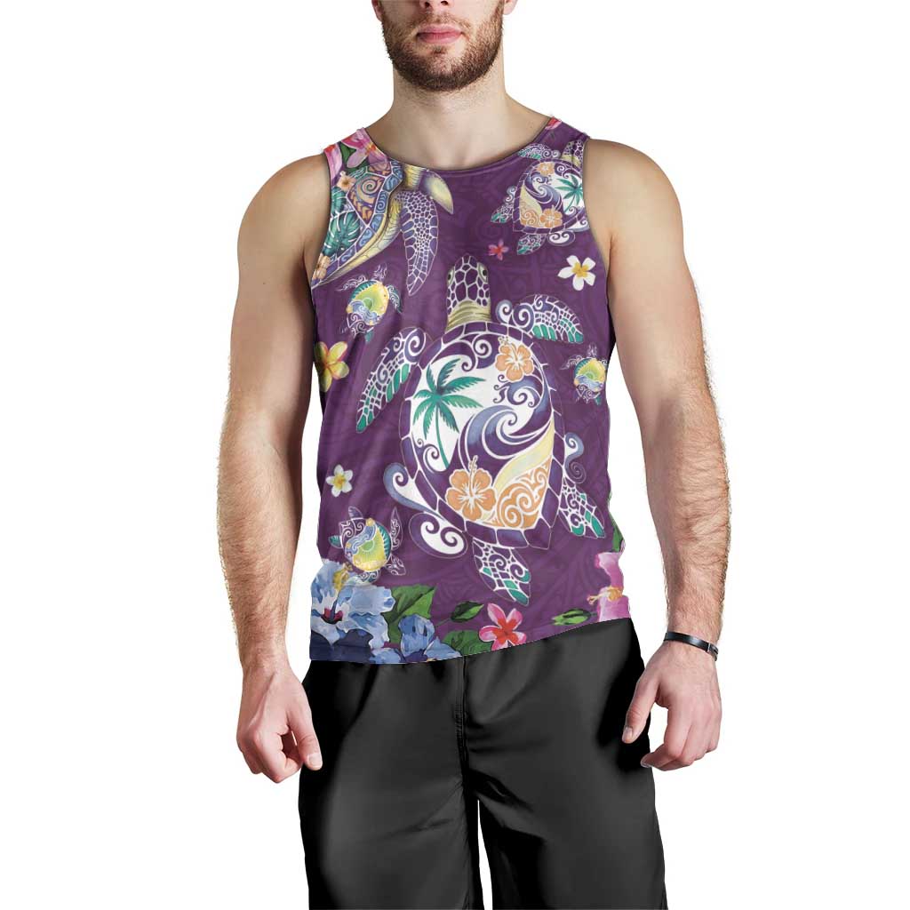 Hawaiian Turtles and Tropical Plants Men Tank Top Purple Watercolor