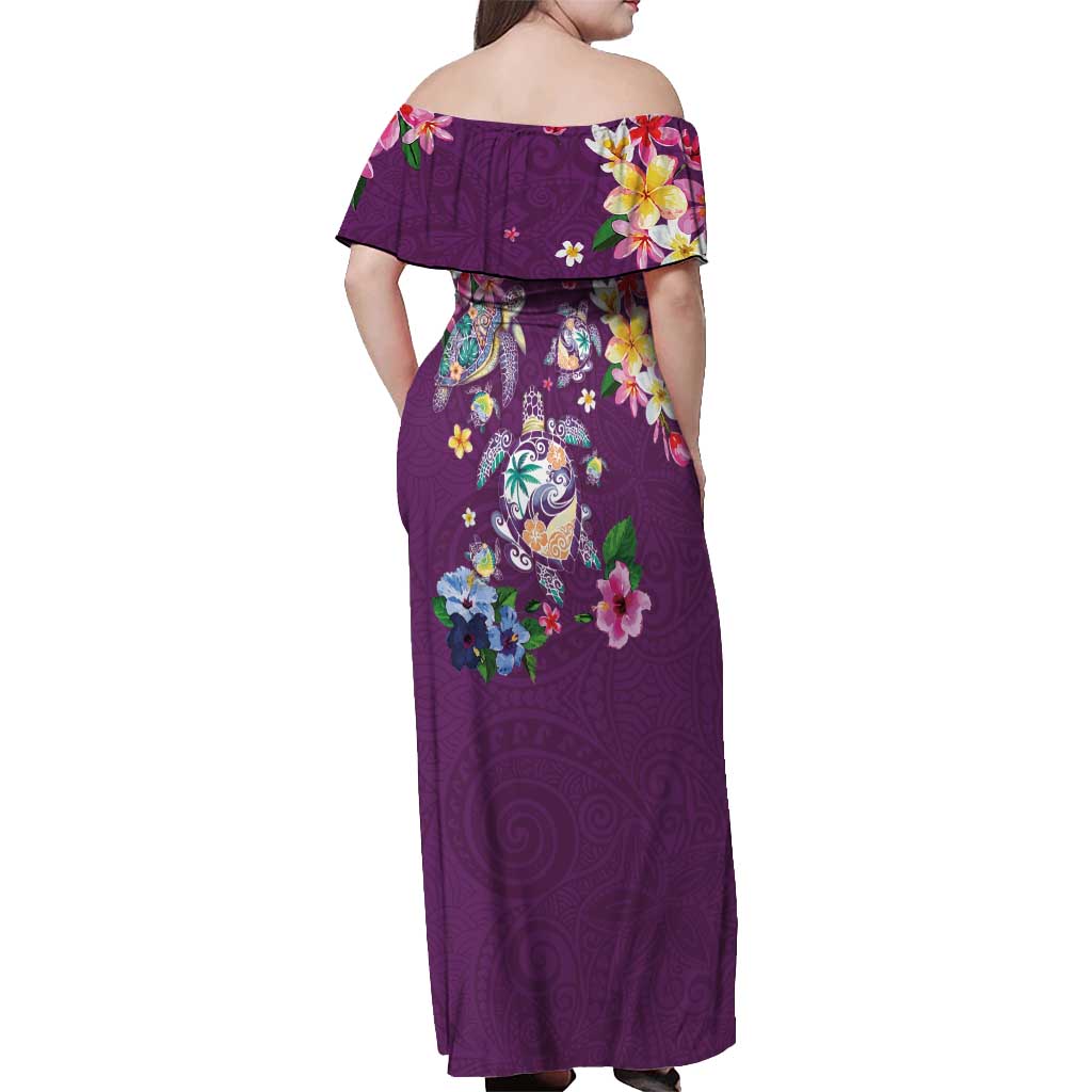 Hawaiian Turtles and Tropical Plants Off Shoulder Maxi Dress Purple Watercolor
