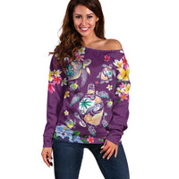 Hawaiian Turtles and Tropical Plants Off Shoulder Sweater Purple Watercolor LT03 Women Purple - Polynesian Pride