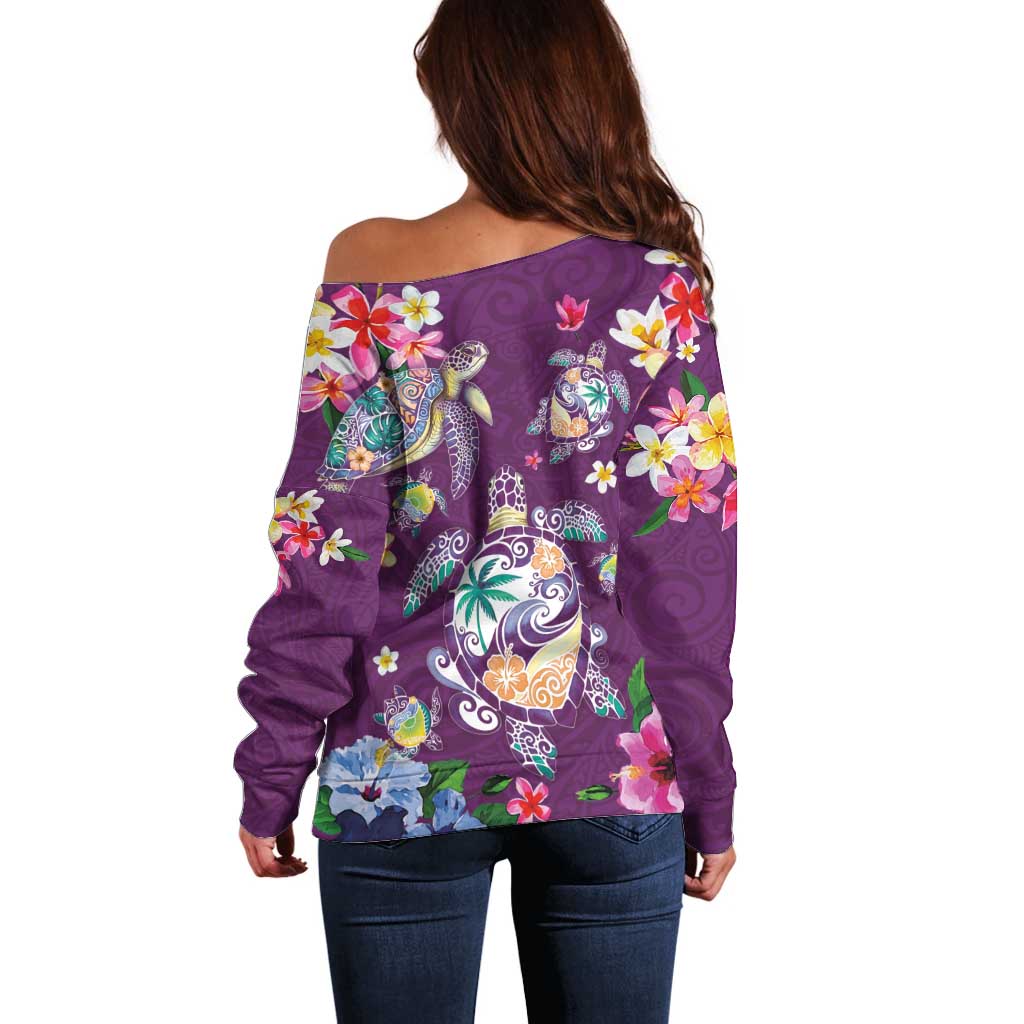 Hawaiian Turtles and Tropical Plants Off Shoulder Sweater Purple Watercolor LT03 - Polynesian Pride