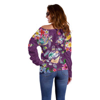 Hawaiian Turtles and Tropical Plants Off Shoulder Sweater Purple Watercolor LT03 - Polynesian Pride