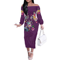 Hawaiian Turtles and Tropical Plants Off The Shoulder Long Sleeve Dress Purple Watercolor
