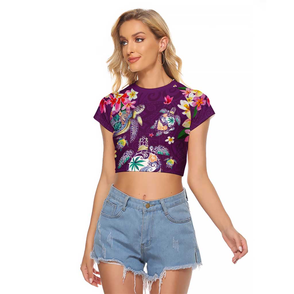Hawaiian Turtles and Tropical Plants Raglan Cropped T Shirt Purple Watercolor