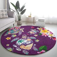 Hawaiian Turtles and Tropical Plants Round Carpet Purple Watercolor