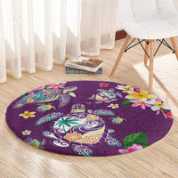 Hawaiian Turtles and Tropical Plants Round Carpet Purple Watercolor