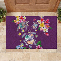 Hawaiian Turtles and Tropical Plants Rubber Doormat Purple Watercolor