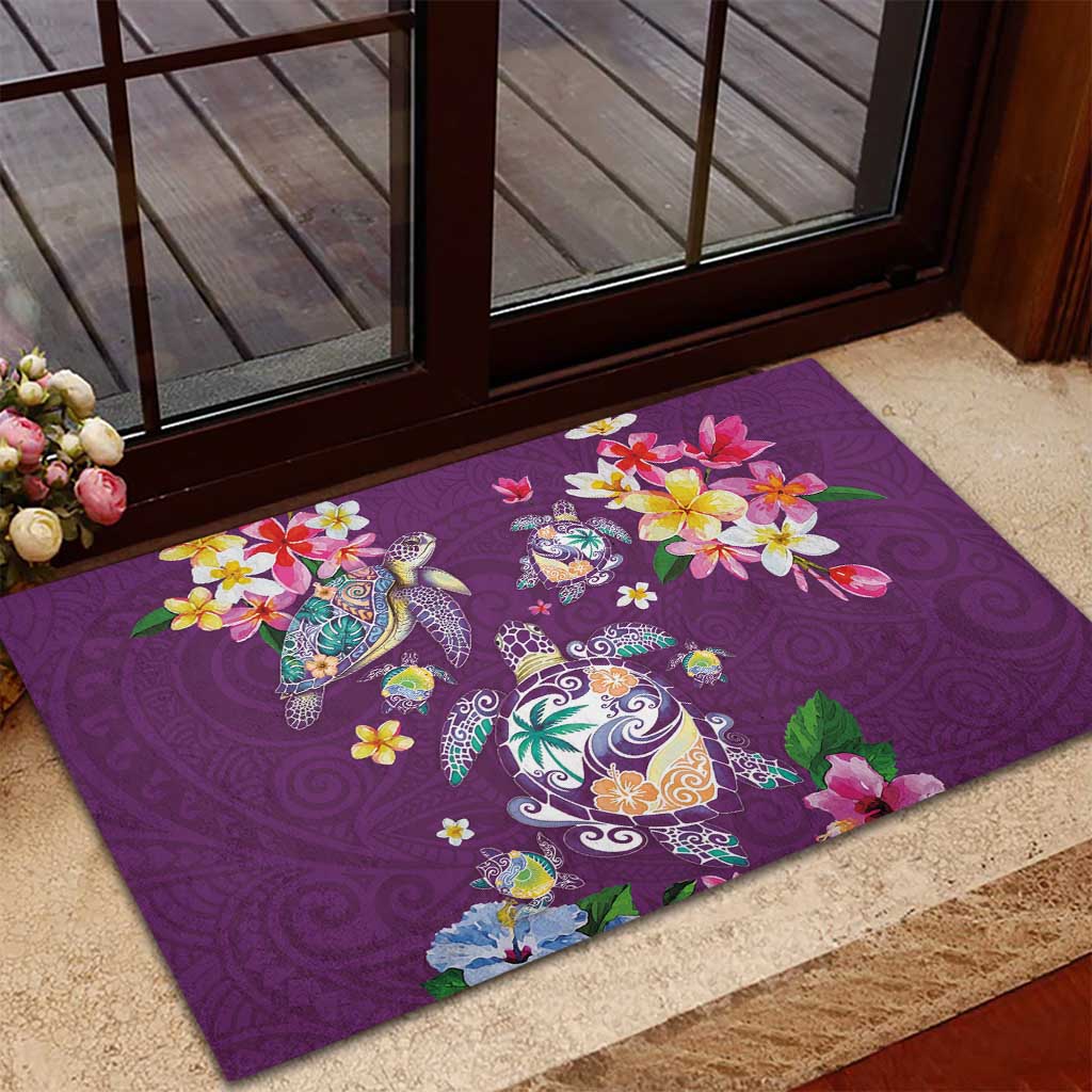 Hawaiian Turtles and Tropical Plants Rubber Doormat Purple Watercolor