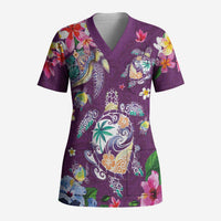 Hawaiian Turtles and Tropical Plants Scrub Top Purple Watercolor LT03 Adult Purple - Polynesian Pride