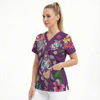 Hawaiian Turtles and Tropical Plants Scrub Top Purple Watercolor LT03 - Polynesian Pride