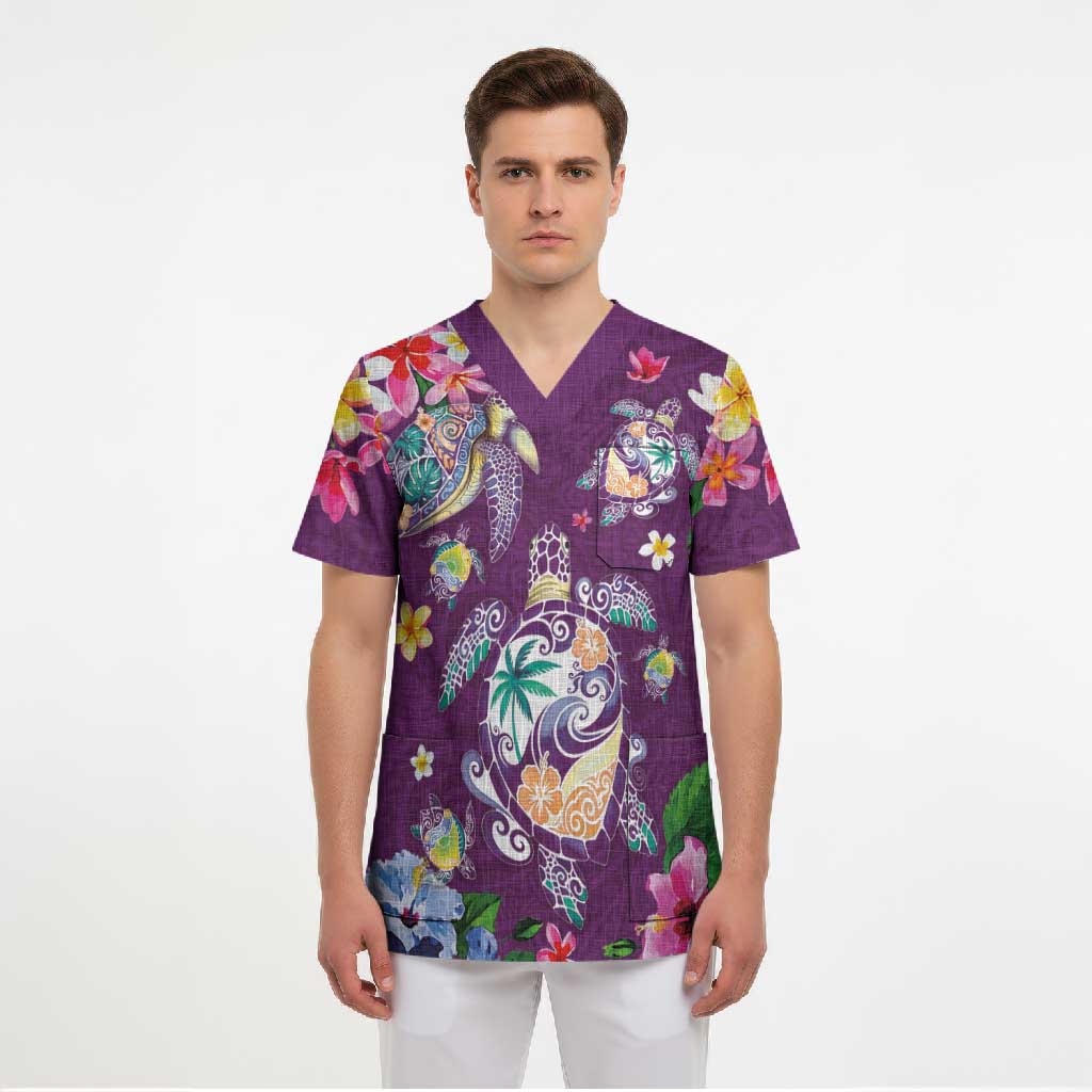 Hawaiian Turtles and Tropical Plants Scrub Top Purple Watercolor LT03 - Polynesian Pride