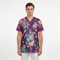 Hawaiian Turtles and Tropical Plants Scrub Top Purple Watercolor LT03 - Polynesian Pride
