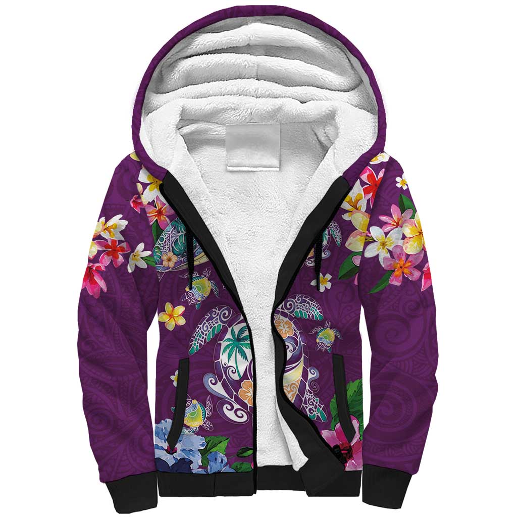 Hawaiian Turtles and Tropical Plants Sherpa Hoodie Purple Watercolor