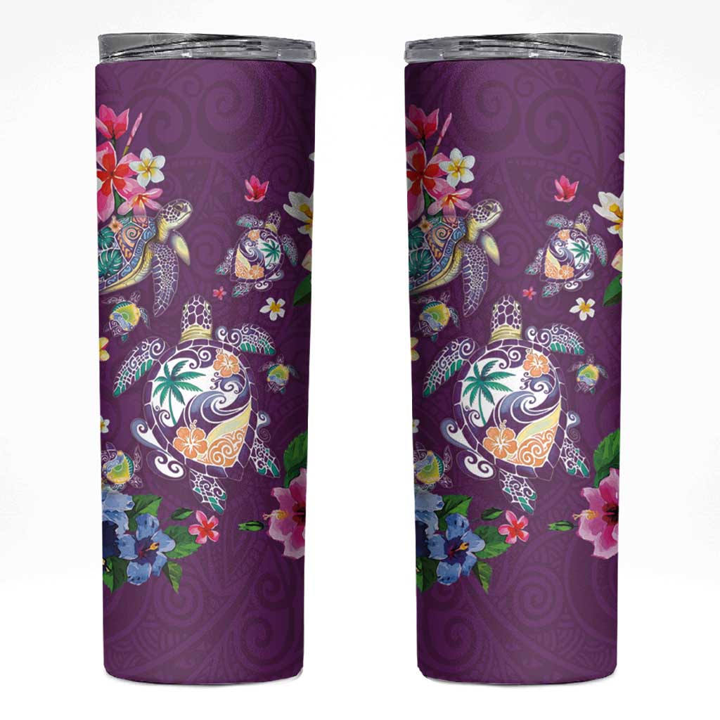 Hawaiian Turtles and Tropical Plants Skinny Tumbler Purple Watercolor