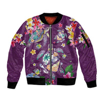Hawaiian Turtles and Tropical Plants Sleeve Zip Bomber Jacket Purple Watercolor