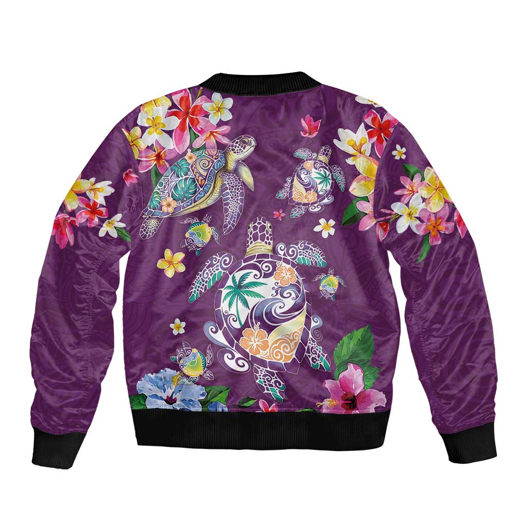 Hawaiian Turtles and Tropical Plants Sleeve Zip Bomber Jacket Purple Watercolor