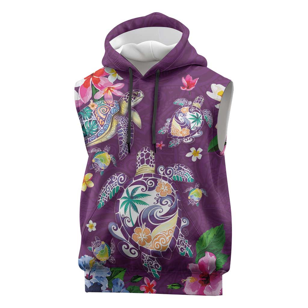 Hawaiian Turtles and Tropical Plants Sleeveless Hoodie Purple Watercolor