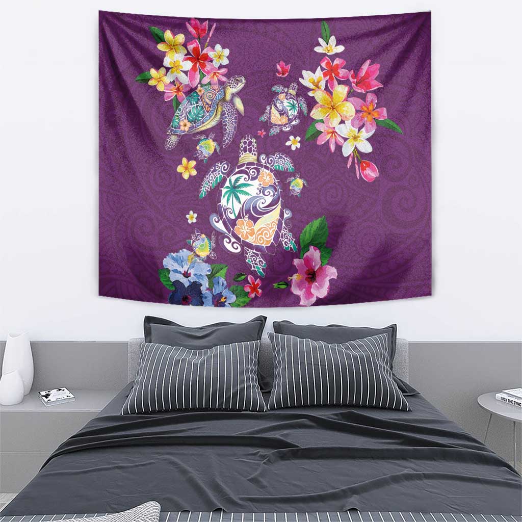 Hawaiian Turtles and Tropical Plants Tapestry Purple Watercolor