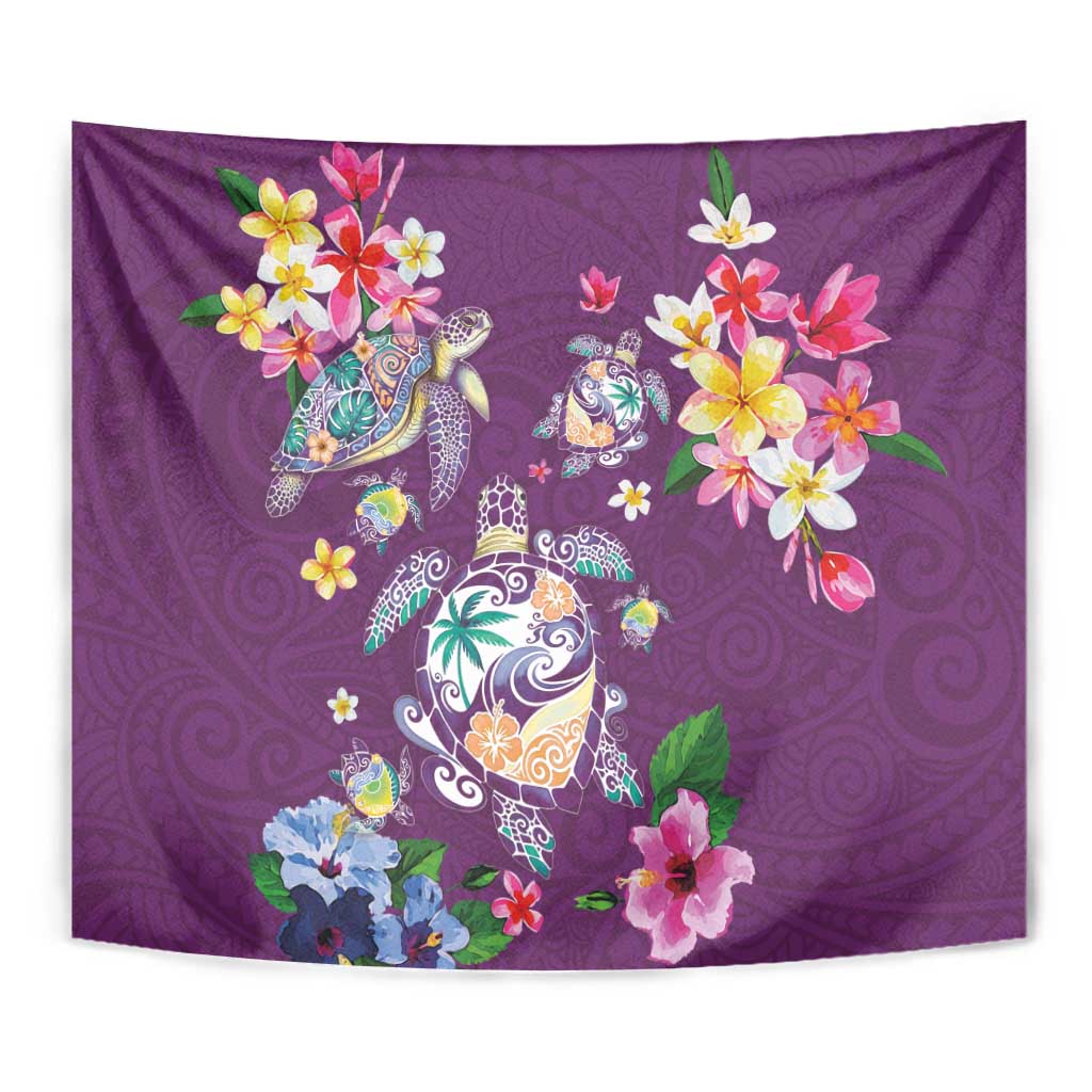 Hawaiian Turtles and Tropical Plants Tapestry Purple Watercolor