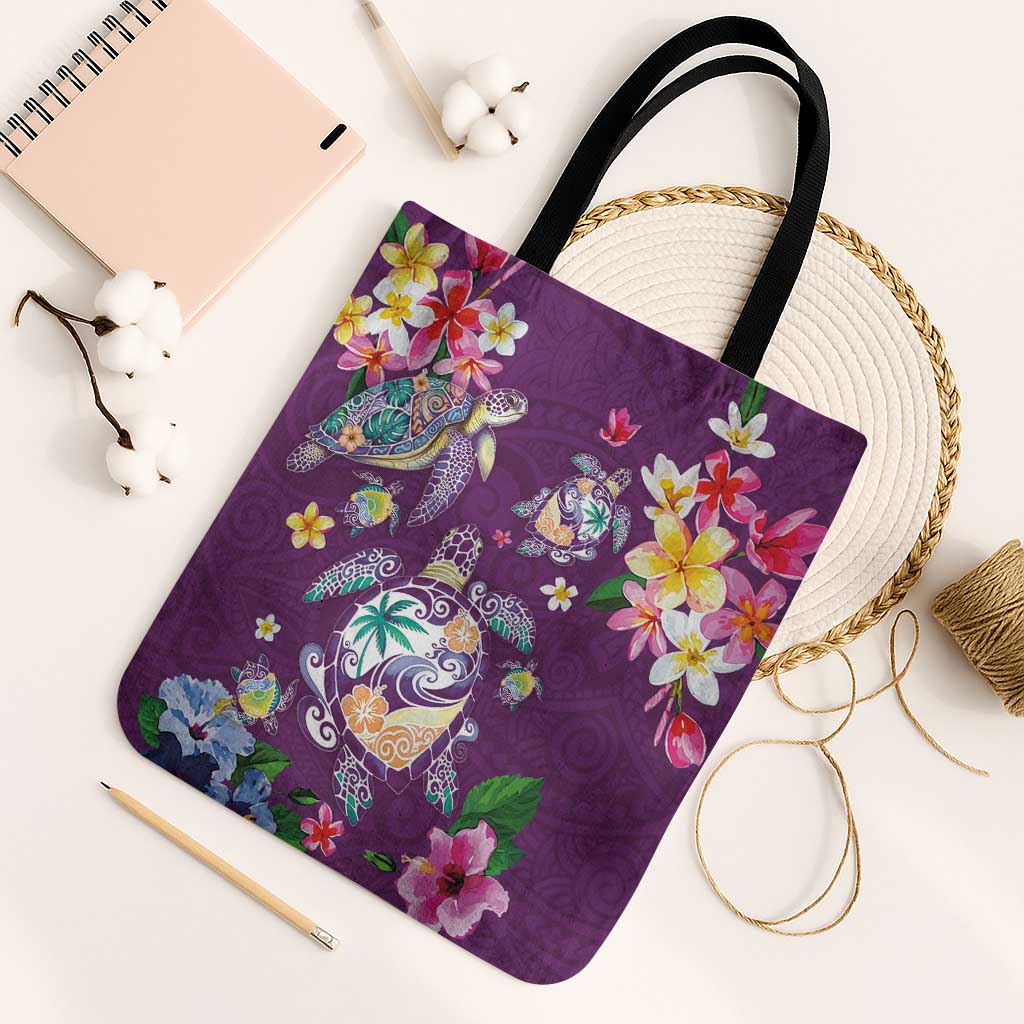 Hawaiian Turtles and Tropical Plants Tote Bag Purple Watercolor LT03 Black Strap One Size Purple - Polynesian Pride