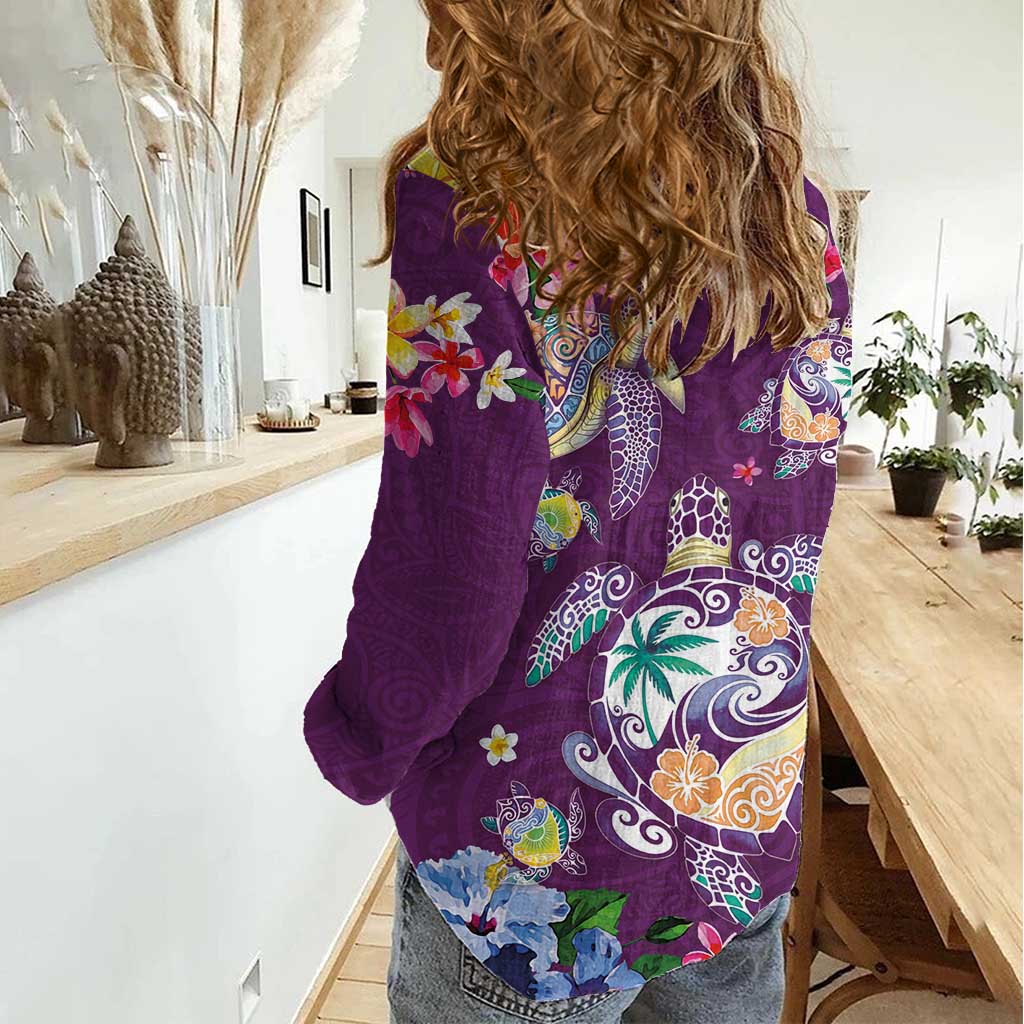 Hawaiian Turtles and Tropical Plants Women Casual Shirt Purple Watercolor