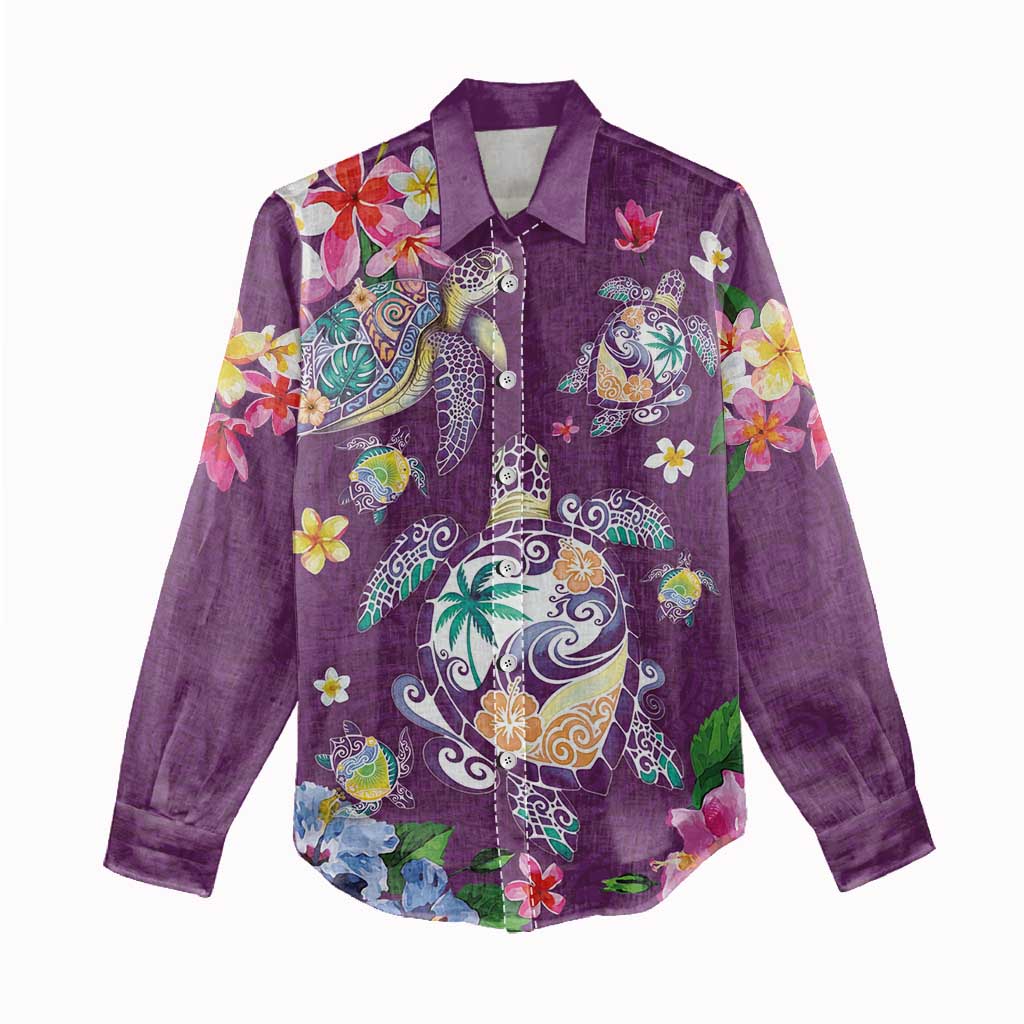 Hawaiian Turtles and Tropical Plants Women Casual Shirt Purple Watercolor