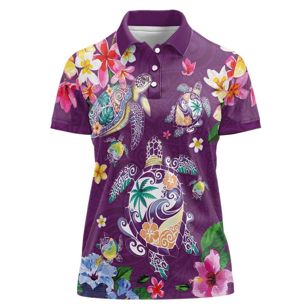 Hawaiian Turtles and Tropical Plants Women Polo Shirt Purple Watercolor