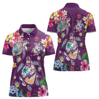 Hawaiian Turtles and Tropical Plants Women Polo Shirt Purple Watercolor
