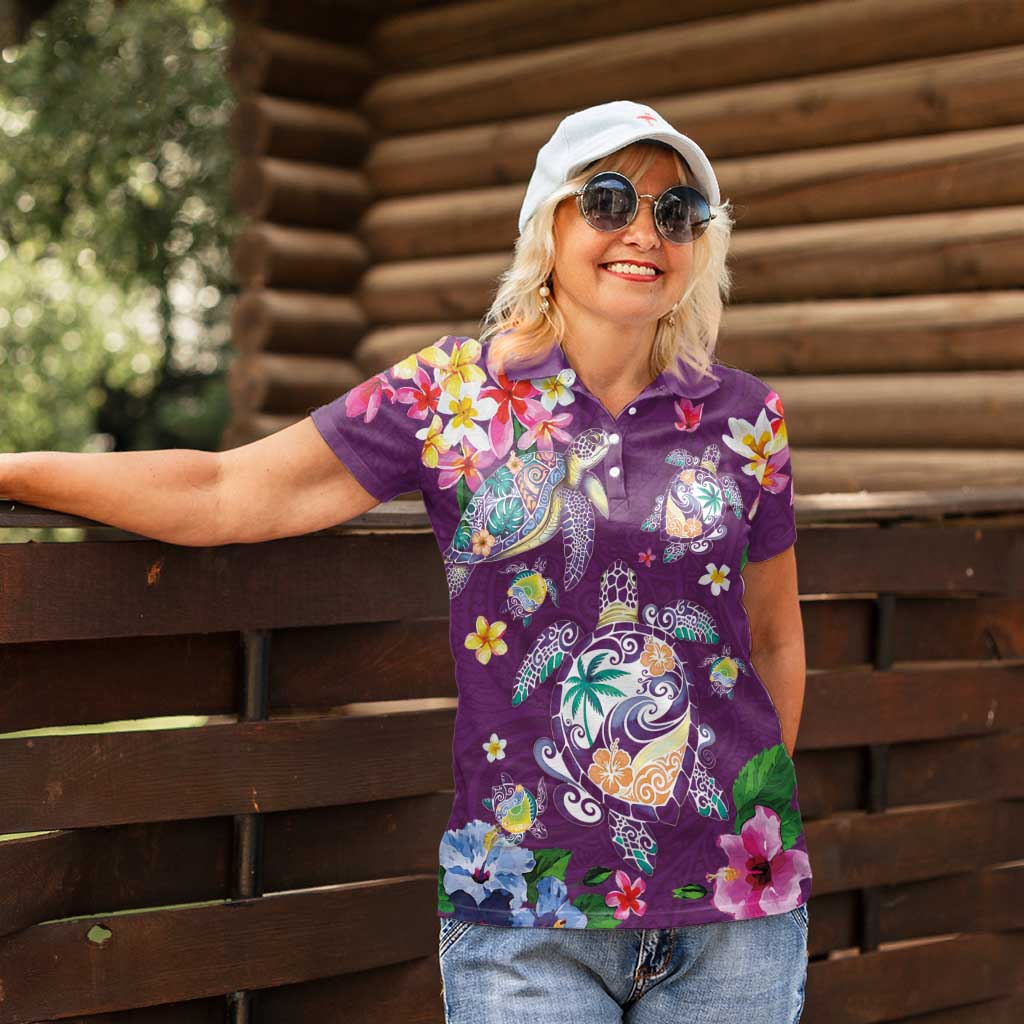 Hawaiian Turtles and Tropical Plants Women Polo Shirt Purple Watercolor