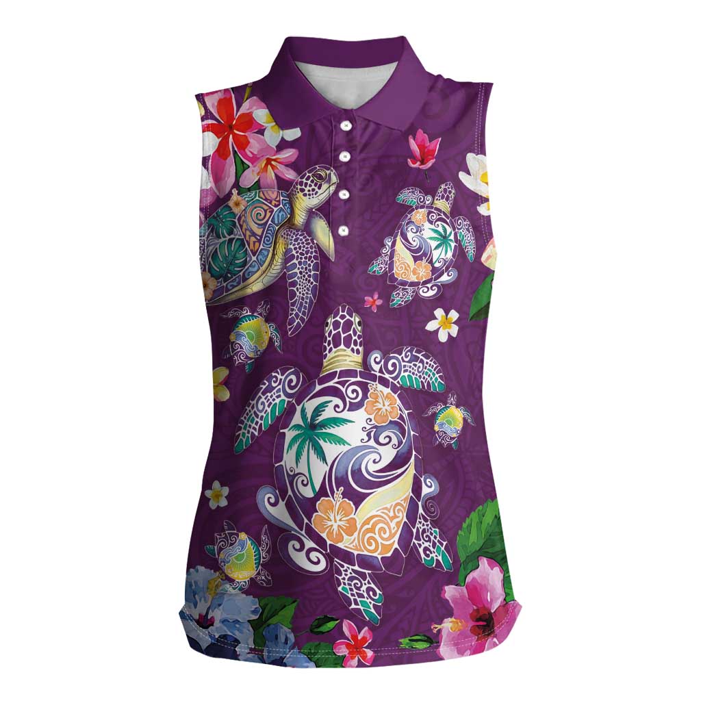 Hawaiian Turtles and Tropical Plants Women Sleeveless Polo Shirt Purple Watercolor