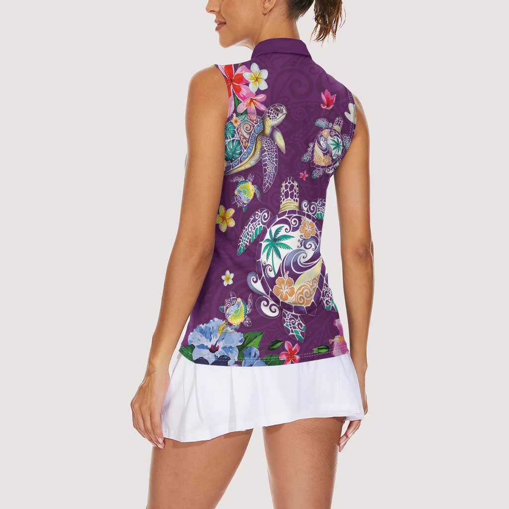 Hawaiian Turtles and Tropical Plants Women Sleeveless Polo Shirt Purple Watercolor