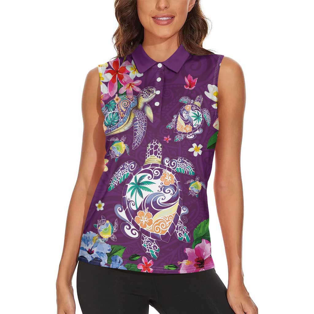 Hawaiian Turtles and Tropical Plants Women Sleeveless Polo Shirt Purple Watercolor