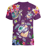 Hawaiian Turtles and Tropical Plants Women V-Neck T-Shirt Purple Watercolor