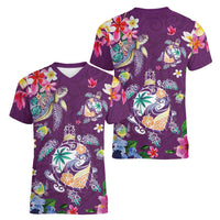 Hawaiian Turtles and Tropical Plants Women V-Neck T-Shirt Purple Watercolor