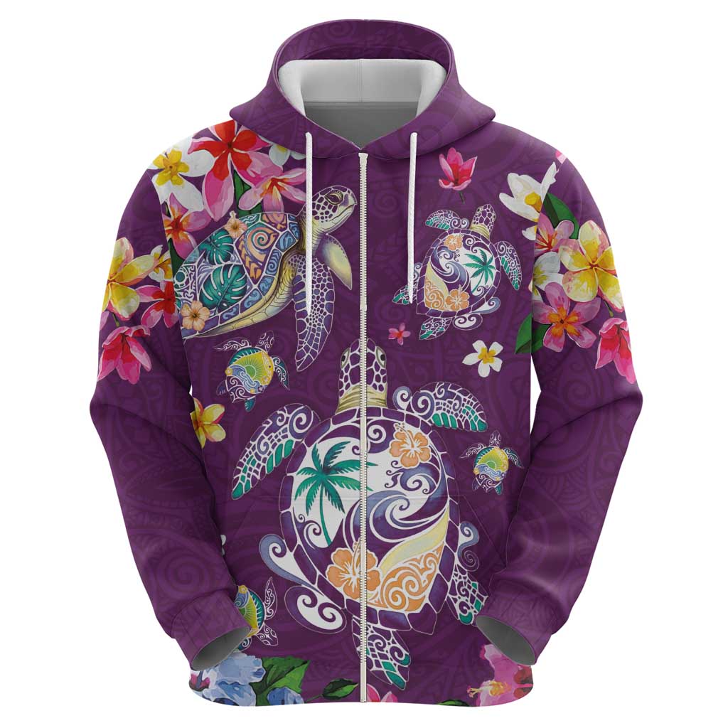 Hawaiian Turtles and Tropical Plants Zip Hoodie Purple Watercolor