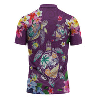 Hawaiian Turtles and Tropical Plants Zipper Polo Shirt Purple Watercolor